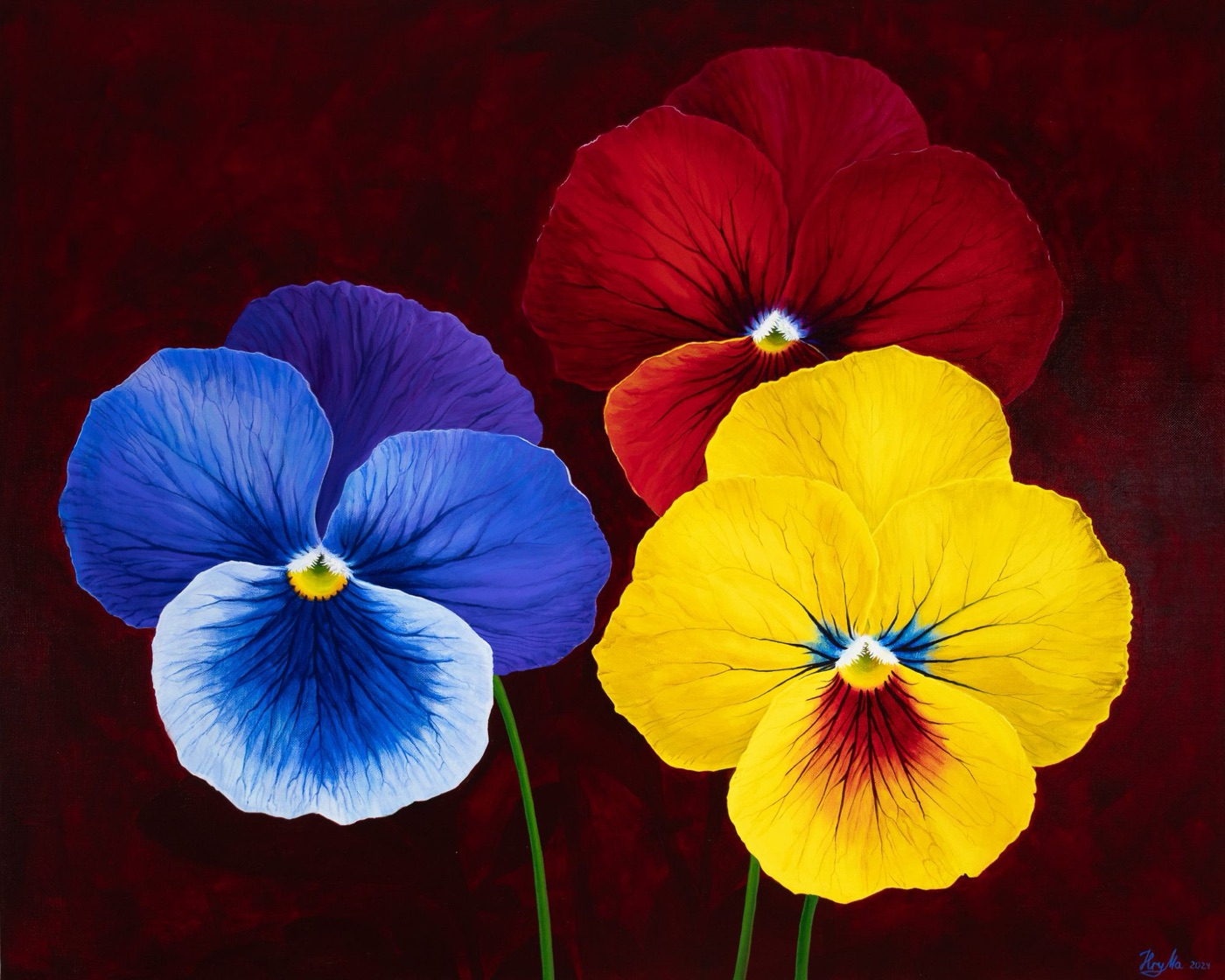 Acrylic painting of blue, red and yellow pansies by HryMa