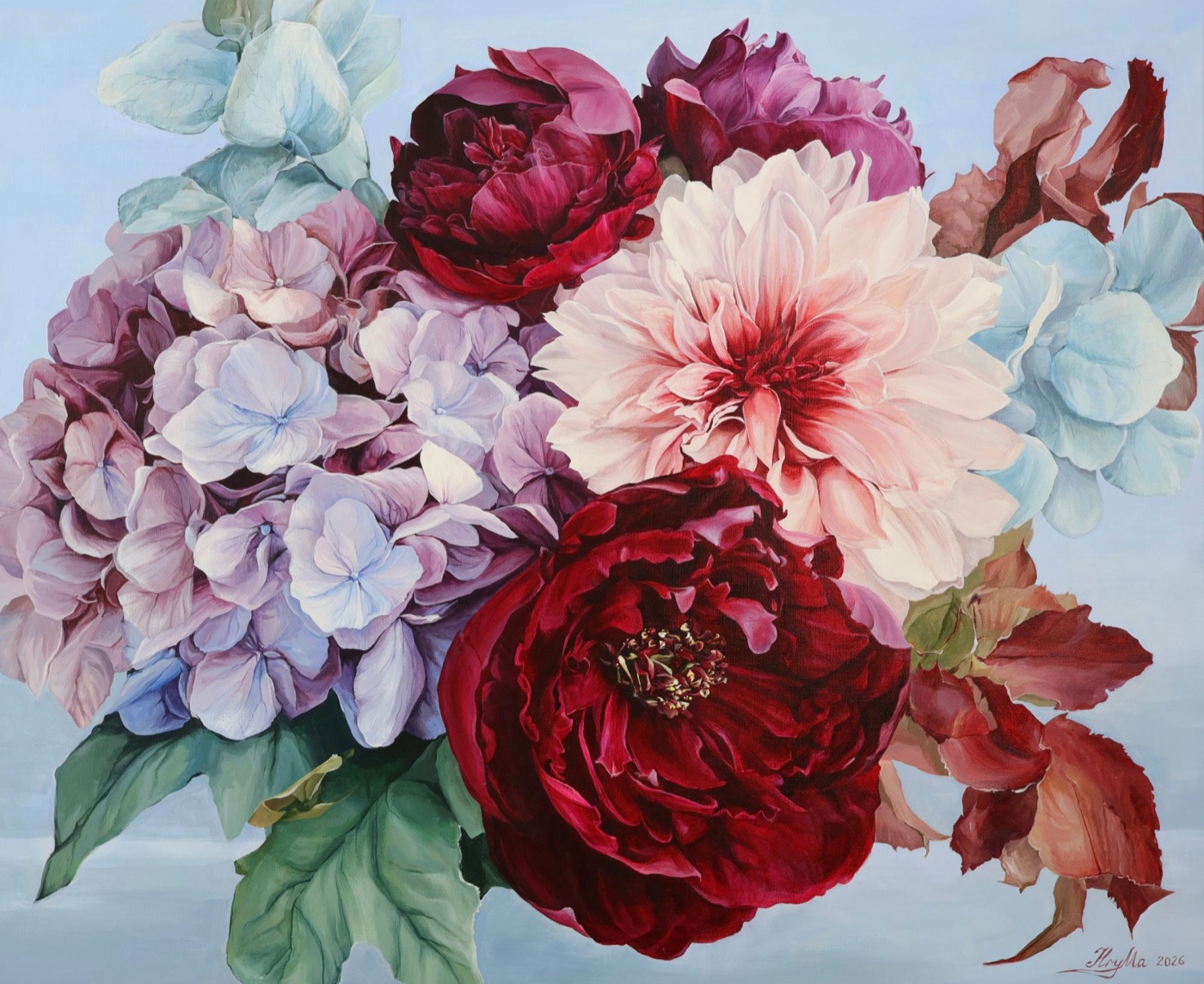 Acrylic painting of peonies, dahlia and hydrangeas by HryMa
